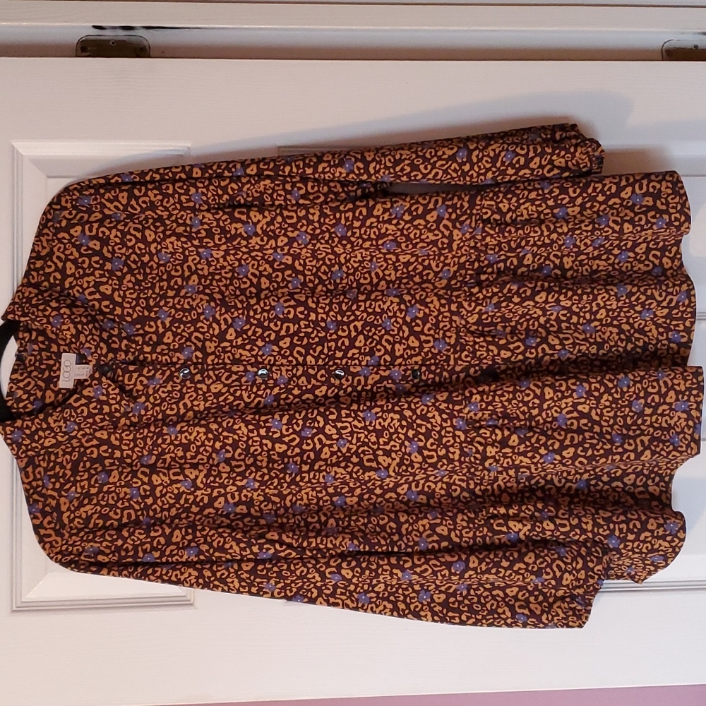 LOGO by Lori Goldstein brown,gold,blue,animal print button down peplum blouse.